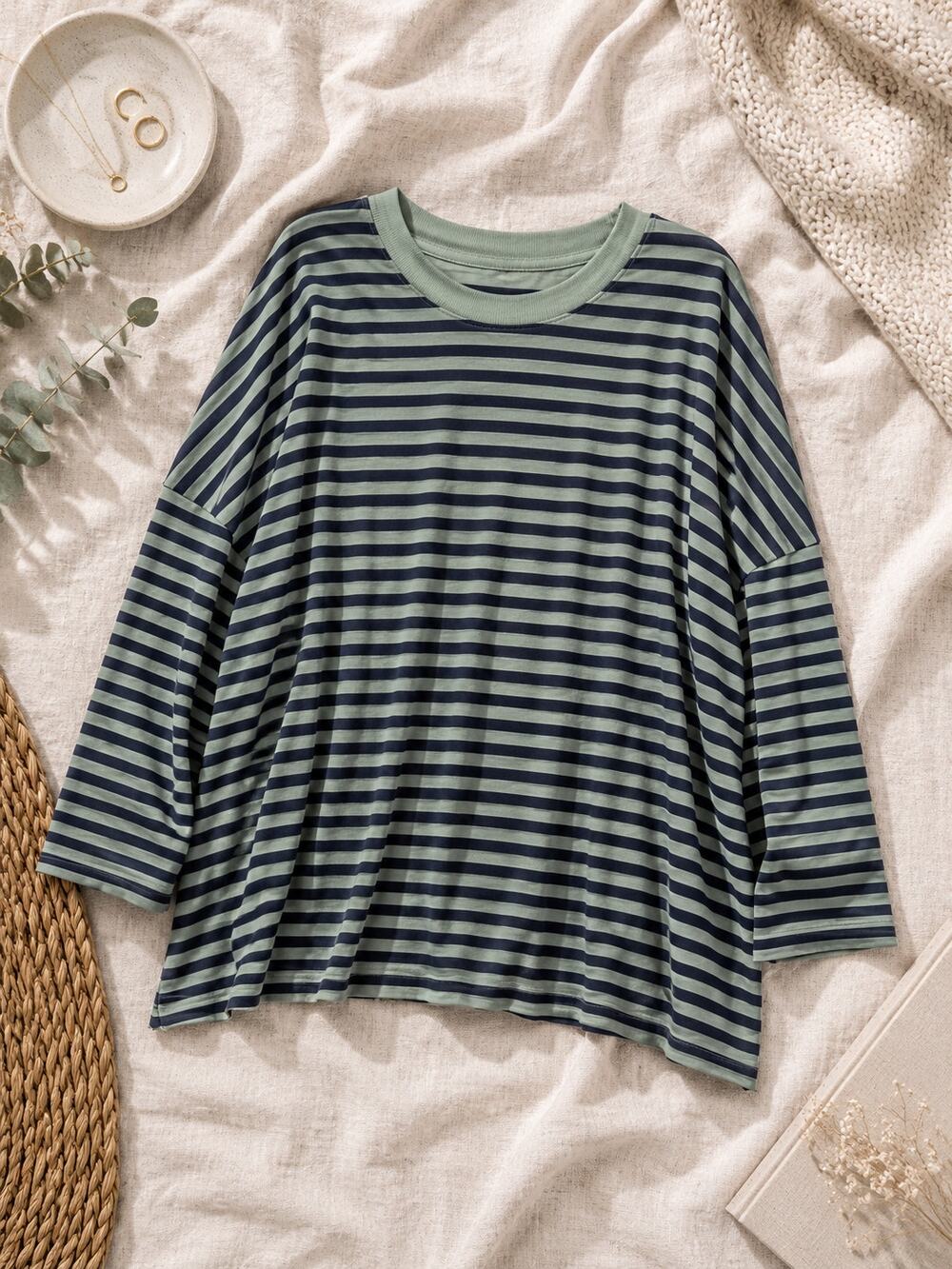 MERSEA Catalina Slub Tee Green Navy Stripe Oversized Top Cotton Coastal One Size